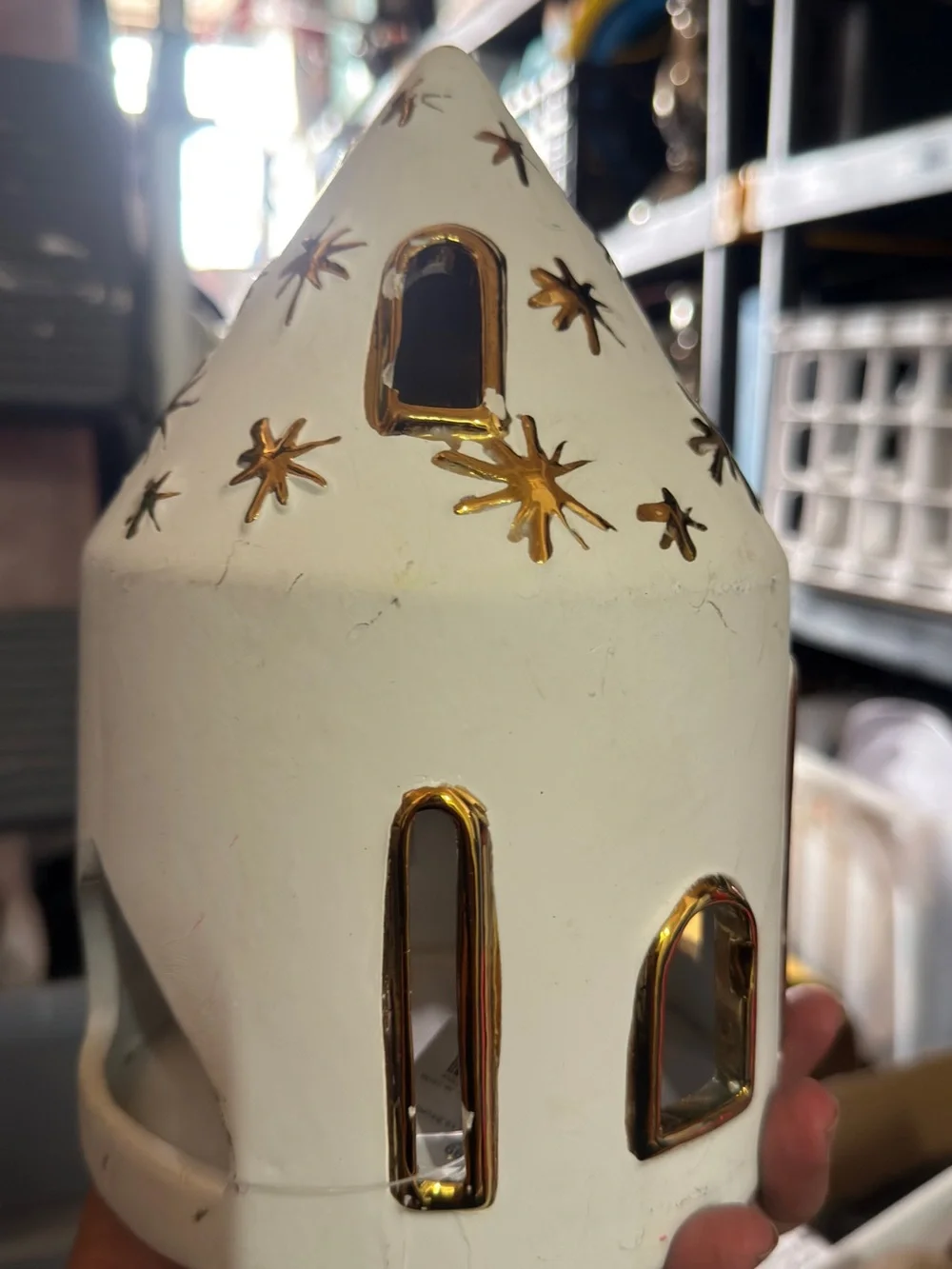 White Ceramic Decorative House with Gold Accents - Home Accents